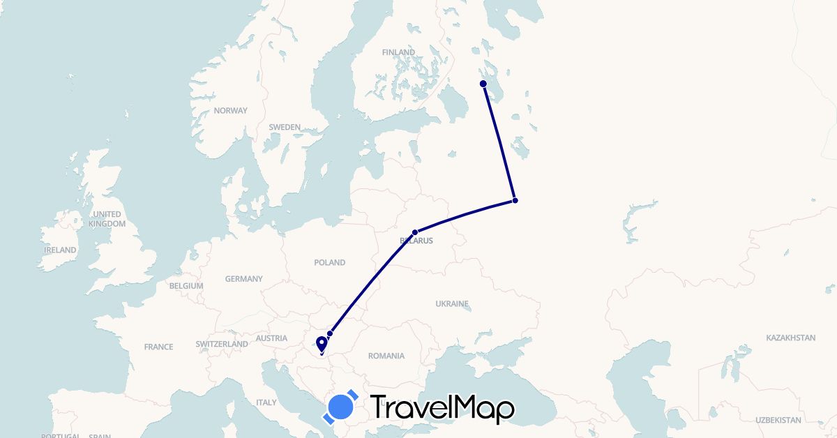 TravelMap itinerary: driving in Belarus, Hungary, Russia (Europe)